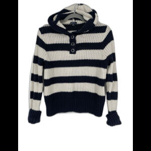 Nautica Preppy Nautical Y2K Striped Hooded Coastal Sweater Open Knit Blue White
